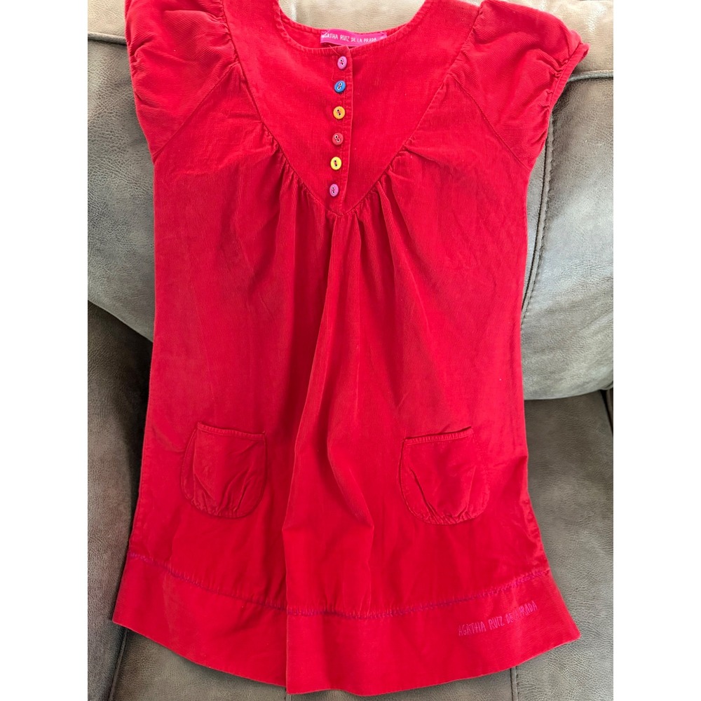 Agatha Ruiz de la Prada Girls Red Corduroy Puff Sleeve Dress Rainbow Buttons 10